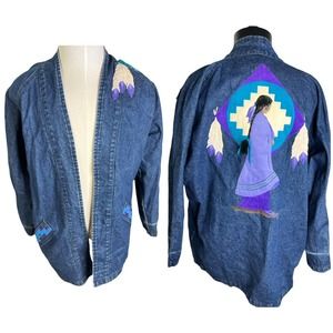 Vintage Sundance Native American Figure Oversized Denim Jacket Tag Size Medium